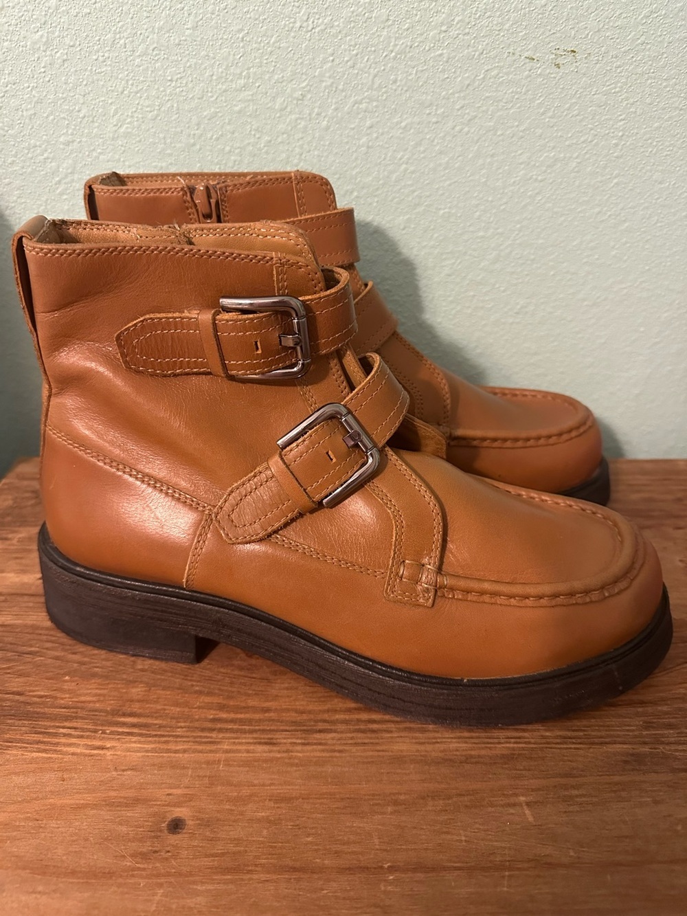 NEW Free People Isla Moto Boot Caramel Cafe Brown Women's US 8.5 EU 38.5 Buckles